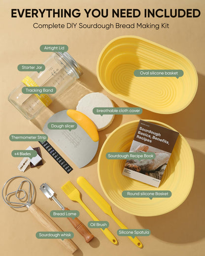 Sourdough Bread Baking Supplies 34 OZ Sourdough starter kit with 2 Bread Proofing Basket - Yellow