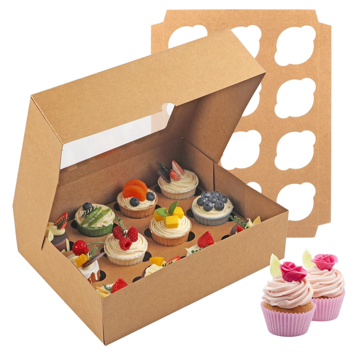 Cupcake Boxes, 2 Pack Disposable Cupcake Containers, Food Grade Cupcake Carrier 12 Count with Window and Inserts, Cupcake Transport Holders Bulk for Muffins Cookies Treats Dessert（White）