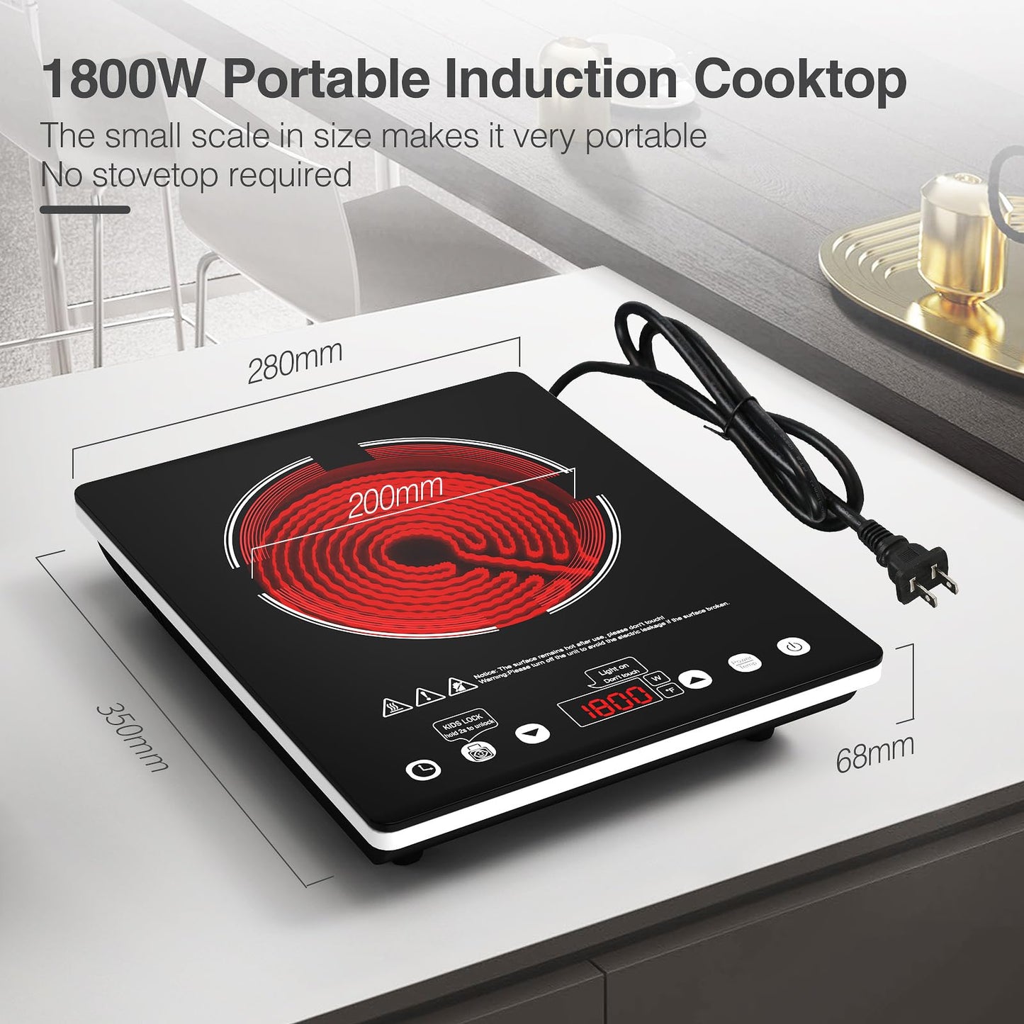 Nafewin Single Burner Electric Cooktop 1800W - 110V Electric Stove Top Burner Portable Stove with Touch Control 9 Power Level - Induction Cooktop with Child Safety Lock Timer for Home Camping