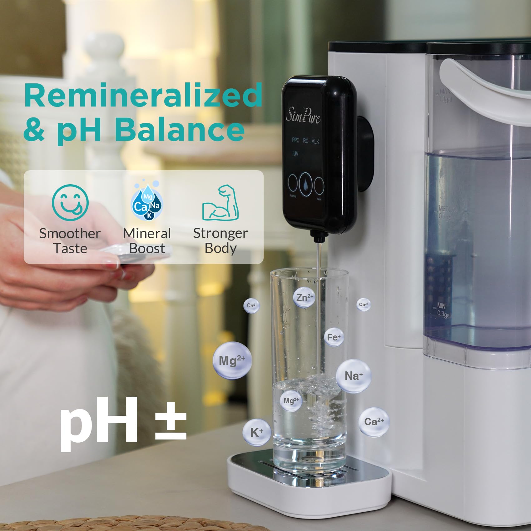 SimPure Y9A Countertop Reverse Osmosis Water Filter, Remineralization pH Balance 300 GPD 6 Stage Purification with UV, RO Water Filtration System, Portable Water Purifier, No Installation