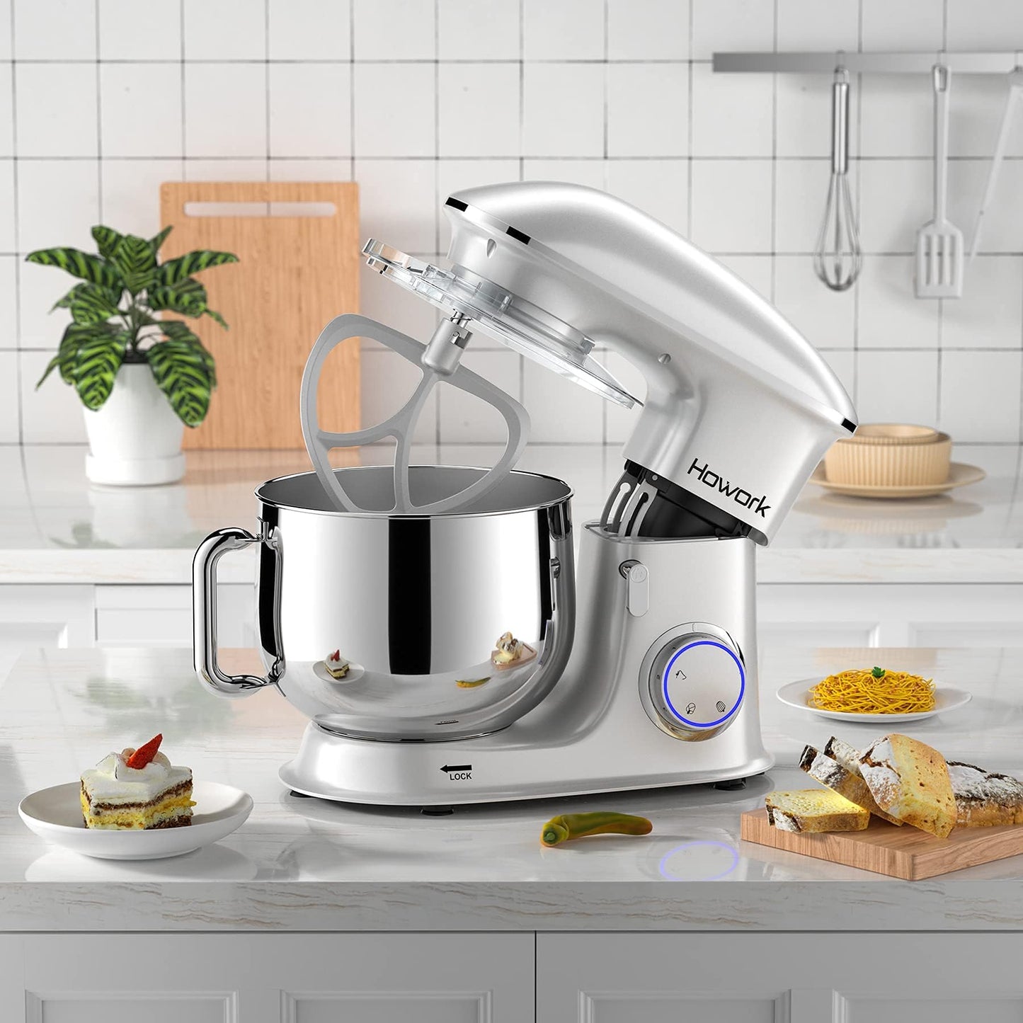 HOWORK 8.5QT Stand Mixer, 660W 6+P Speed Tilt-Head, Electric Kitchen Mixer With Dishwasher-Safe Dough Hook, Beater, Wire Whip & Pouring Shield(8.5 QT, Silver)