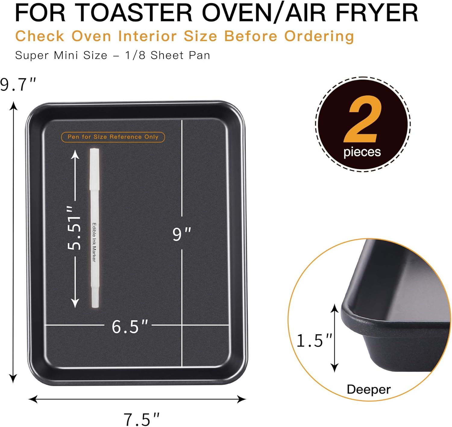 HONGBAKE 2 Pack 9.7X7.5" Toaster Oven Pans for Baking, 57% Thicker Nonstick 1/8 Cookie Sheet Pan Set, Small Baking Tray, Dishwasher Safe and Heavy Duty, Black