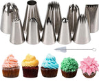 28 Pcs Russian Piping Tips Set, Frosting Nozzle Kit, Baking Supplies for Cookie Cupcake (12 Icing Tips 10 Pastry Baking Bags 2 Leaf Piping Tips 2 Couplers 1 Silicone Bag 1 cleaning brush)