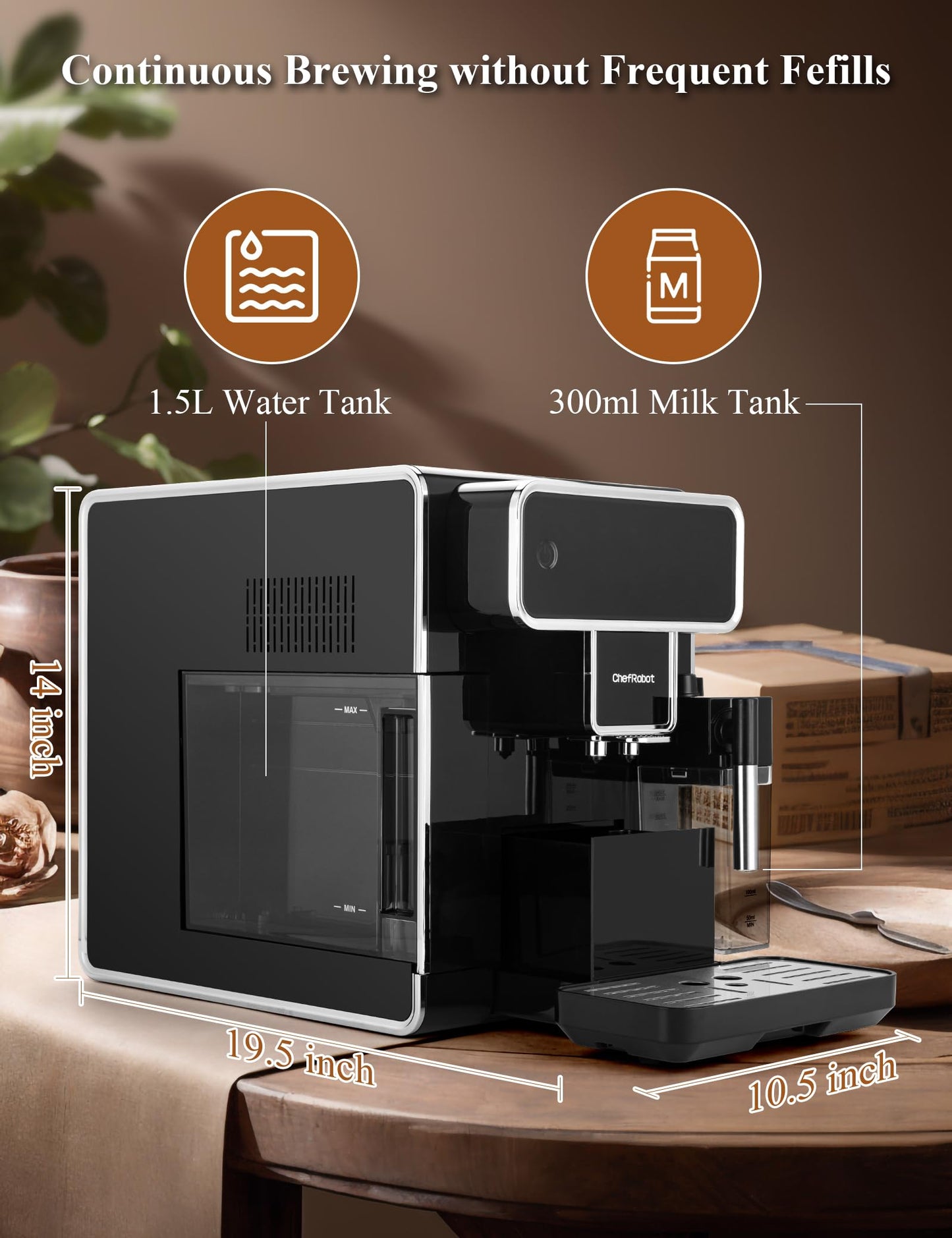 ChefRobot Automatic Espresso Machine Coffee Maker 12 Cup with Grinder Cappuccino Latte Americano Machine with Milk Frother for Home/Office