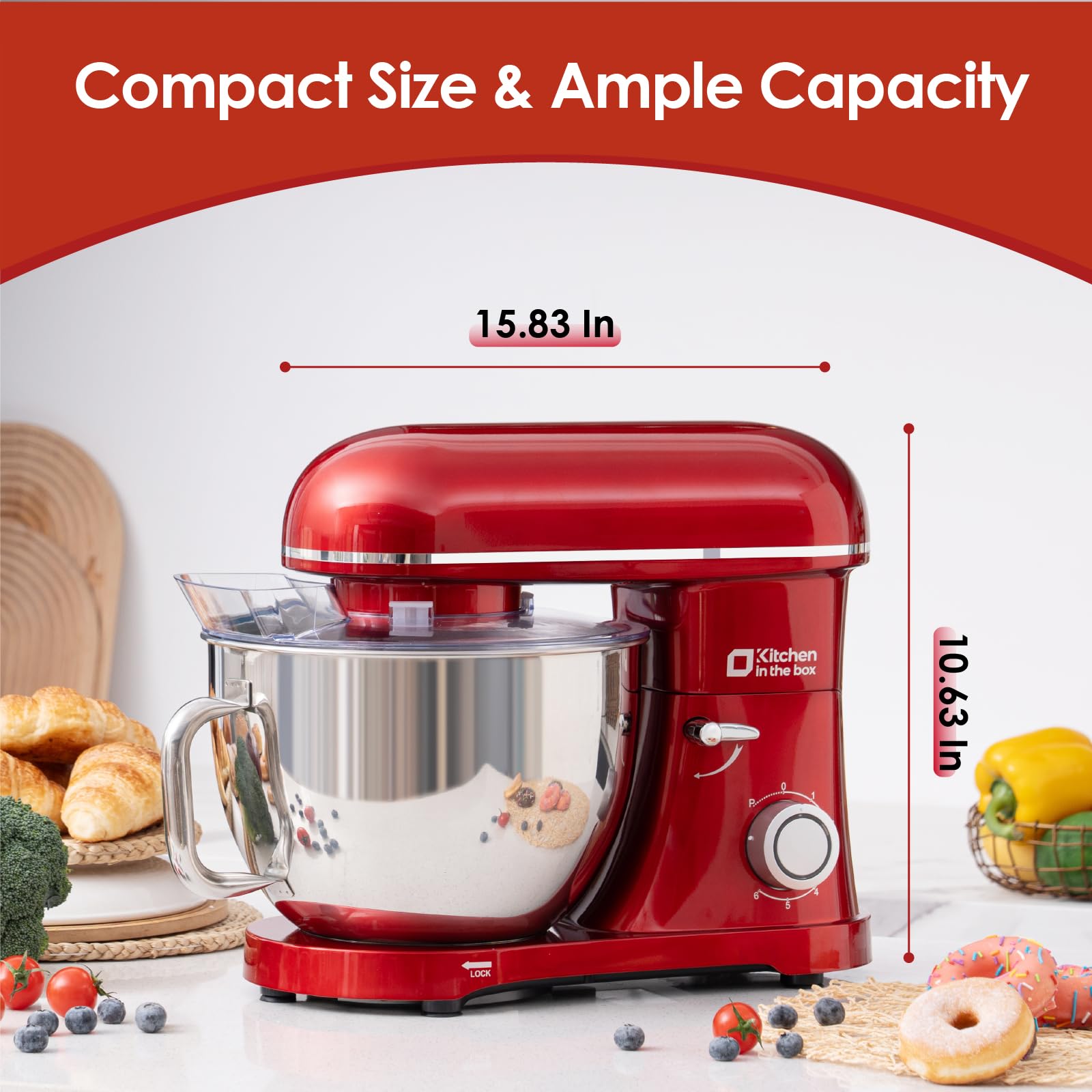 Kitchen in the box Stand Mixer, 900W 8.5QT Kitchen Electric Mixer, 6-Speed Large Capacity Food Mixer for Home Cooks with Egg Whisk, Dough Hook & Flat Beater (Red)
