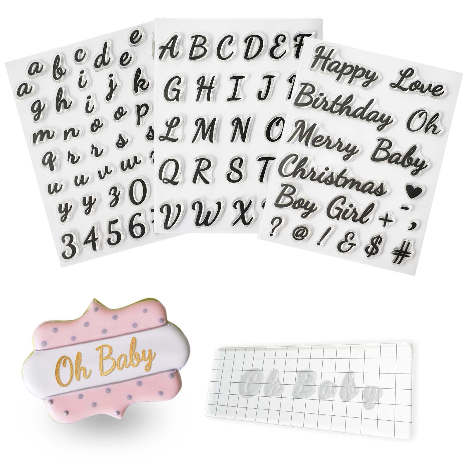 4PCS Alphabet Cake Stamps Tool with Brushes for Fondant Cookie Biscuit, Pretty Handwriting Food Grade Fondant Letter Stamp Uppercase Lowercase Numbers Words Reusable Cookie Stamp for Christmas Party