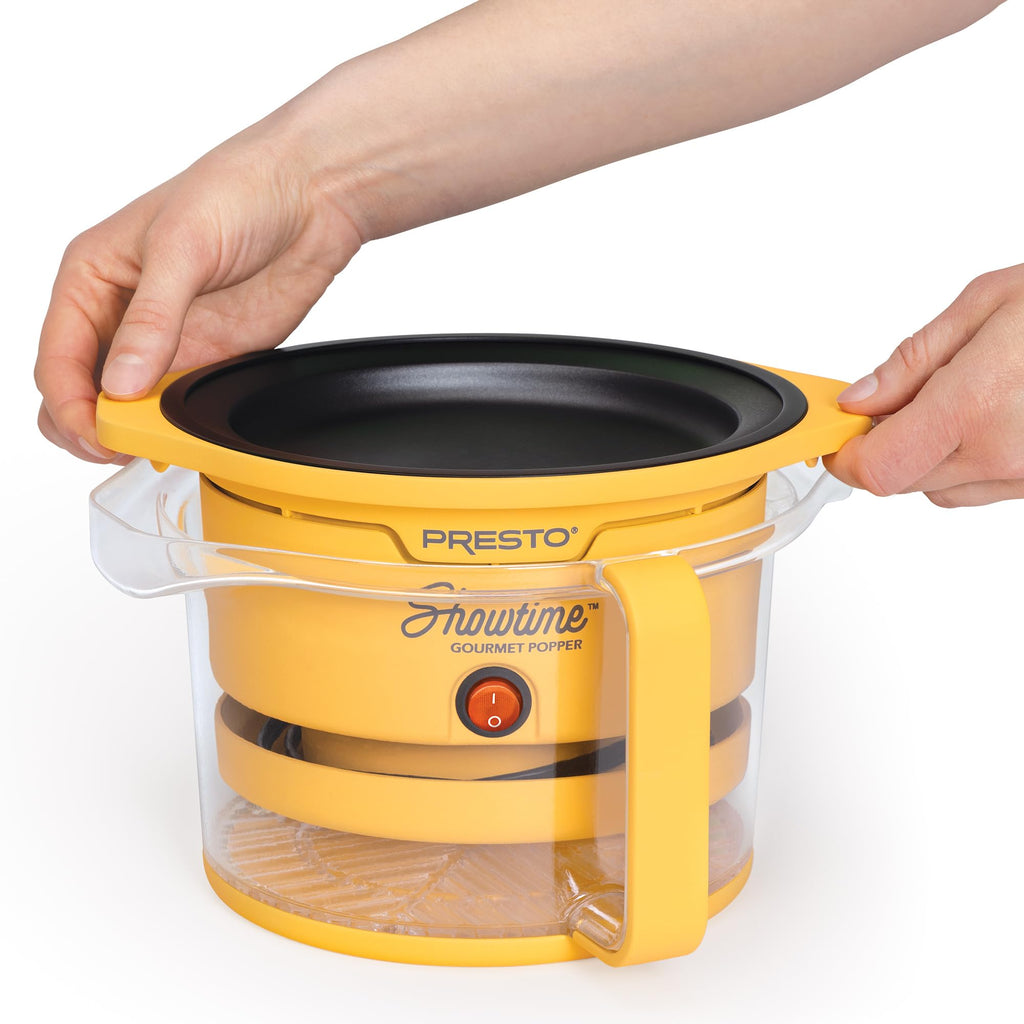 Presto 05206 Showtime Gourmet Oil Popcorn Popper - 9 filiżanek, wbudowana miska do serwowania, kompaktowa konstrukcja, ceramiczna powłoka zapobiegająca przywieraniu, bez PFAS, żółty