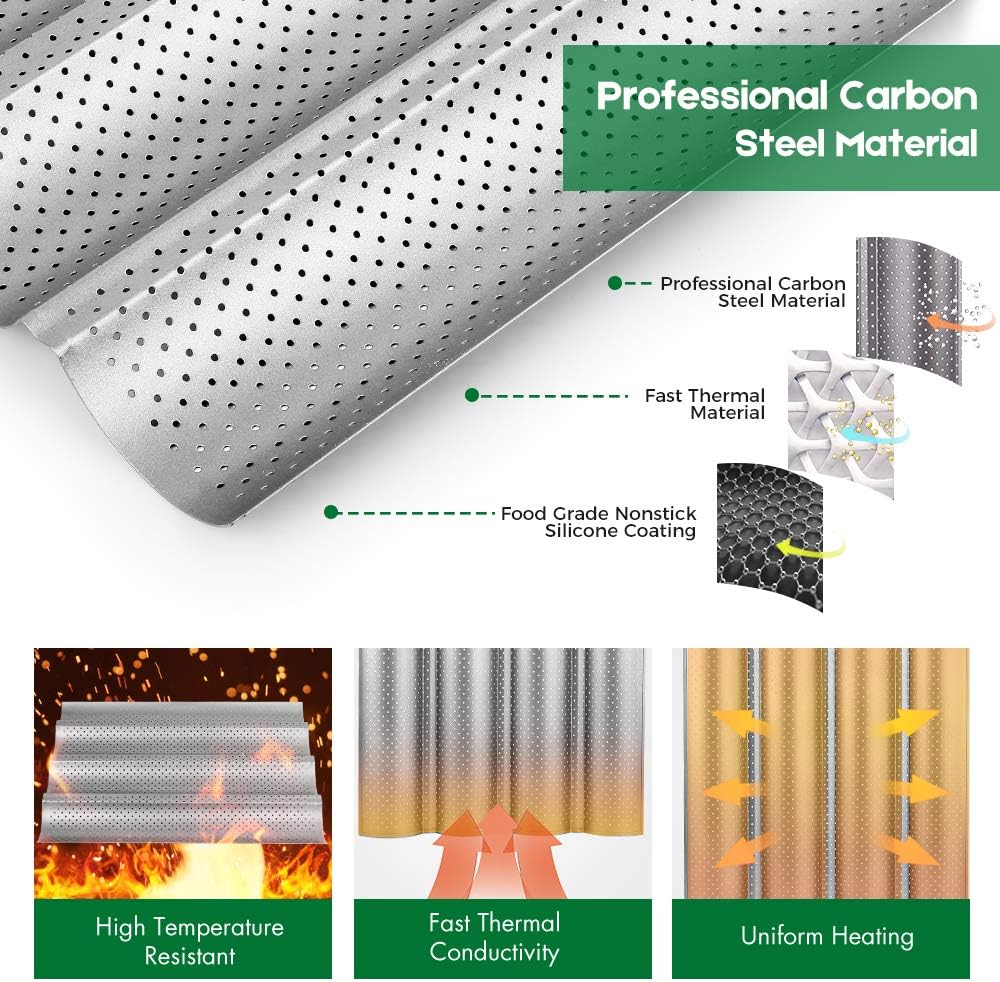 AMAGABELI GARDEN & HOME Baguette Bread Pan 15" x 13" Nonstick Perforated Baguette Tray French Bread Baking 4 Wave Loaf Bake Mold Toast Cooking Baker Molding Gutter Oven Toaster Dishwasher Safe Silver