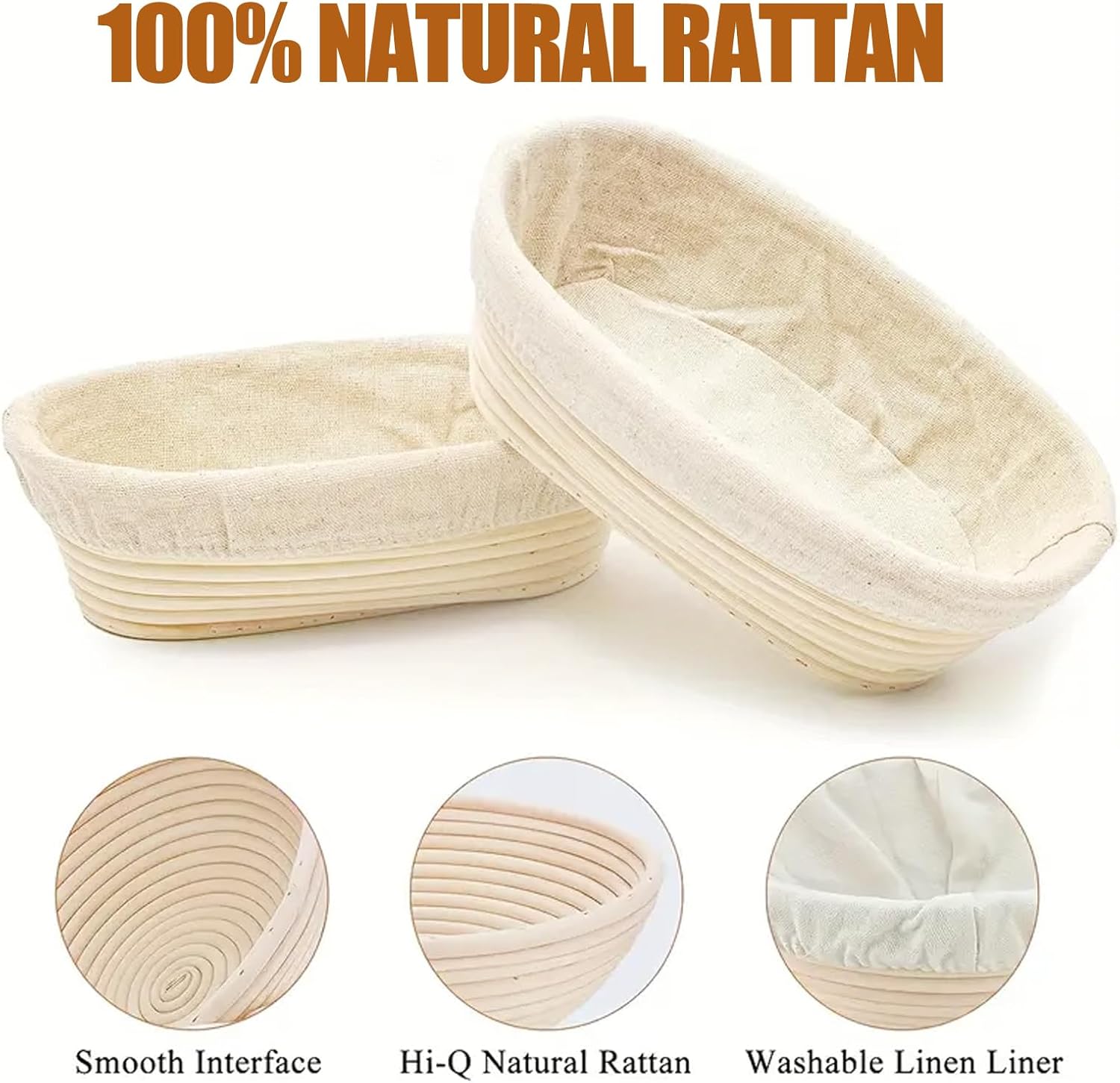 Banneton Bread Proofing Basket - 10 inch Banneton Basket Sourdough Proofing Baskets Set of 2 Oval Proofing Bowls with Liners for Professional & Home Artisan Sourdough Bread Baking Supplies