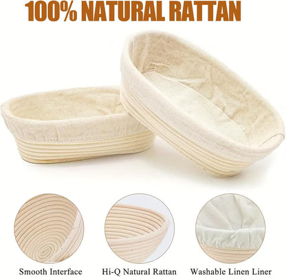 Banneton Bread Proofing Basket - 10 inch Banneton Basket Sourdough Proofing Baskets Set of 2 Oval Proofing Bowls with Liners for Professional & Home Artisan Sourdough Bread Baking Supplies