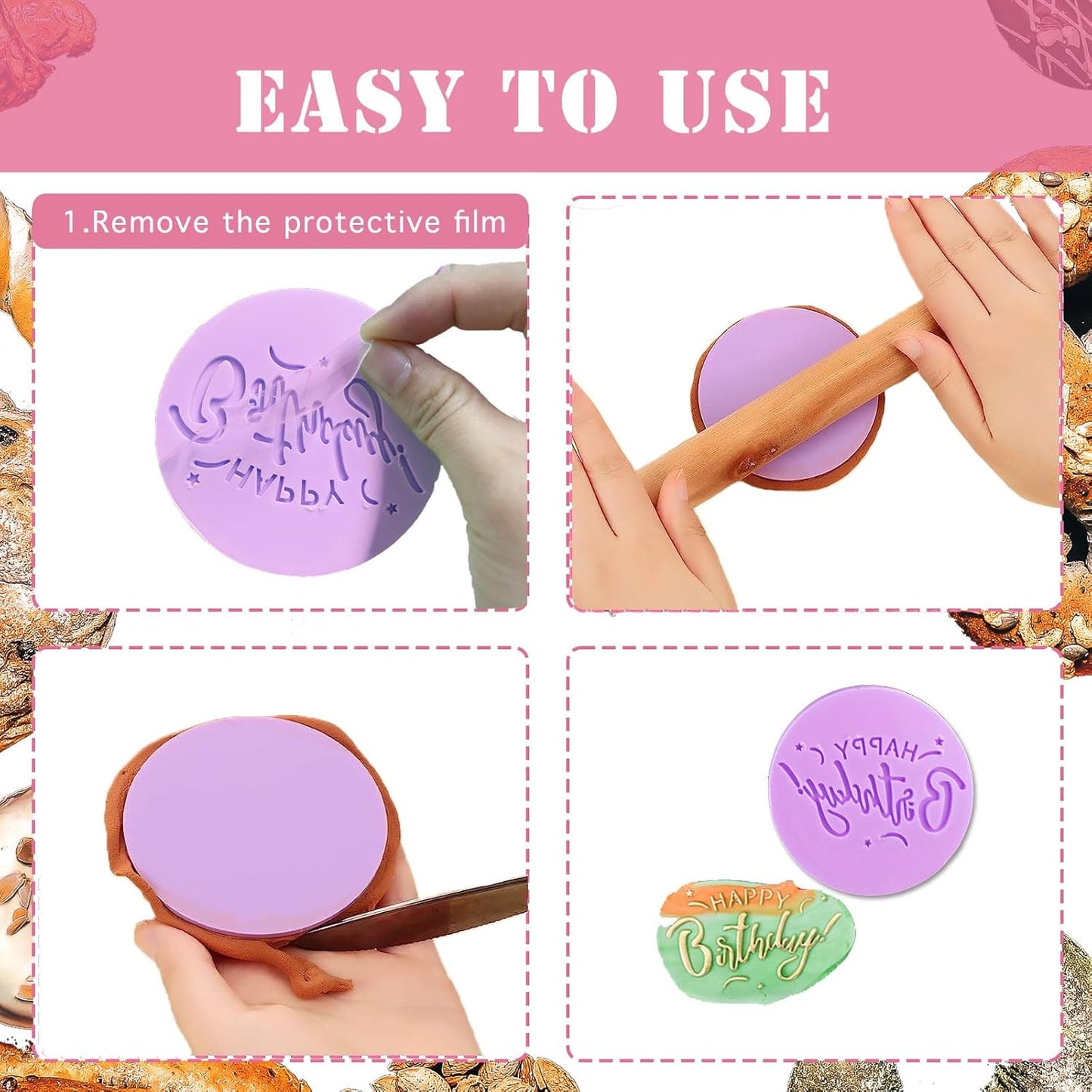 4Pcs Happy Birthday Fondant Embosser 3D Design Acrylic Mould Cookie Stamp, Cookie Cutters for DIY Baking Cake/Sugar Paste/Cupcake/Chocolate (3.15 inch, Random Colors)