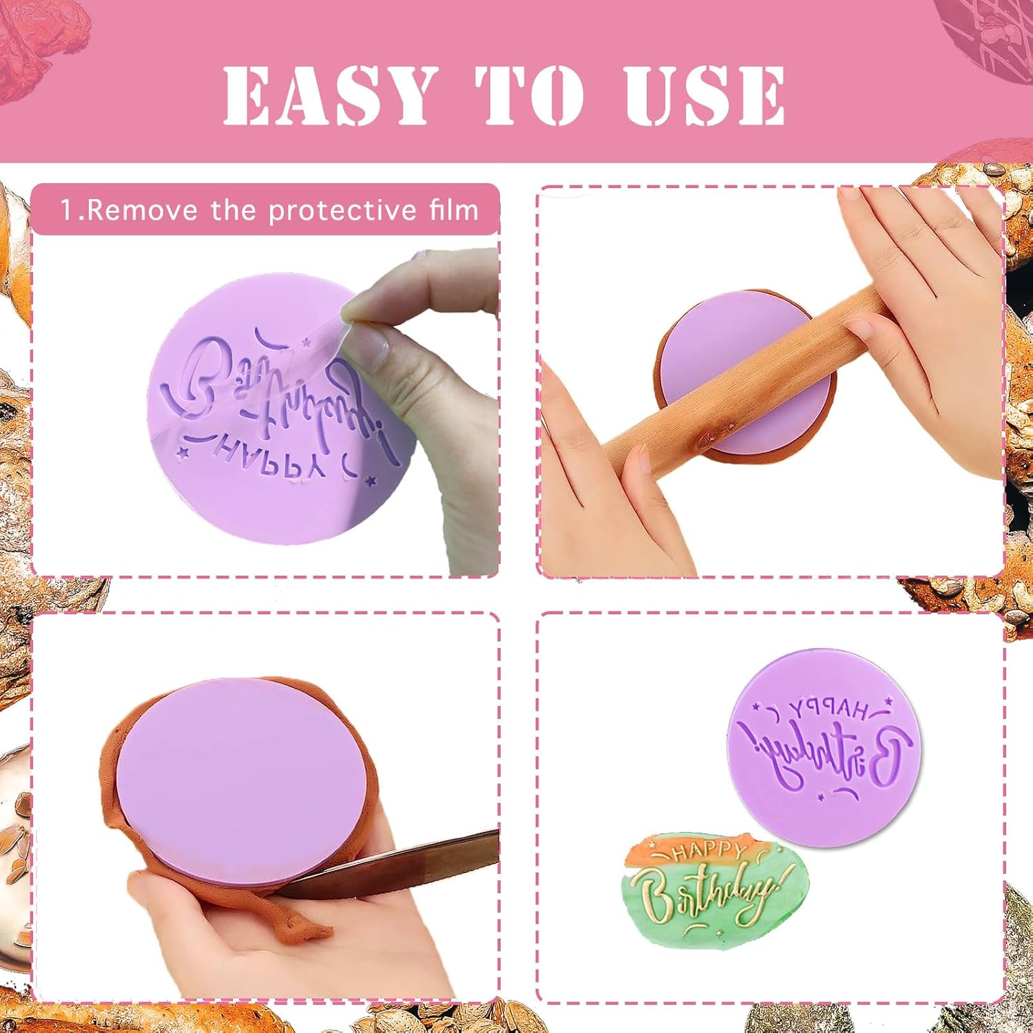 4Pcs Happy Birthday Fondant Embosser 3D Design Acrylic Mould Cookie Stamp, Cookie Cutters for DIY Baking Cake/Sugar Paste/Cupcake/Chocolate (3.15 inch, Random Colors)