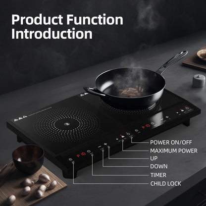 Waatfeet Double Induction Cooktop,Portable Induction Cooker with 2 Burner Independent Control,Ultrathin Body,10 Temperature,1800W-Multiple Power Levels,3 Hour Timer,Safety Lock