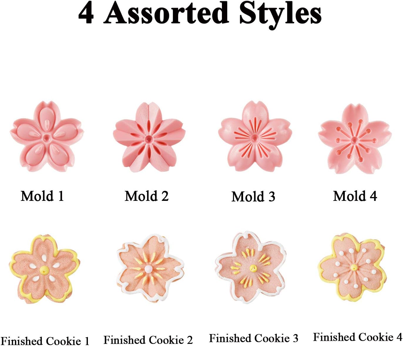 Cookie Press, 4 Styles Cookie Stamps Cherry Blossom Cookie Cutters Mold for Flower Cookies Pastry Accessories (Pink)