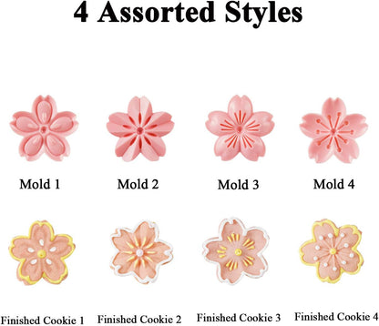 Cookie Press, 4 Styles Cookie Stamps Cherry Blossom Cookie Cutters Mold for Flower Cookies Pastry Accessories (Pink)