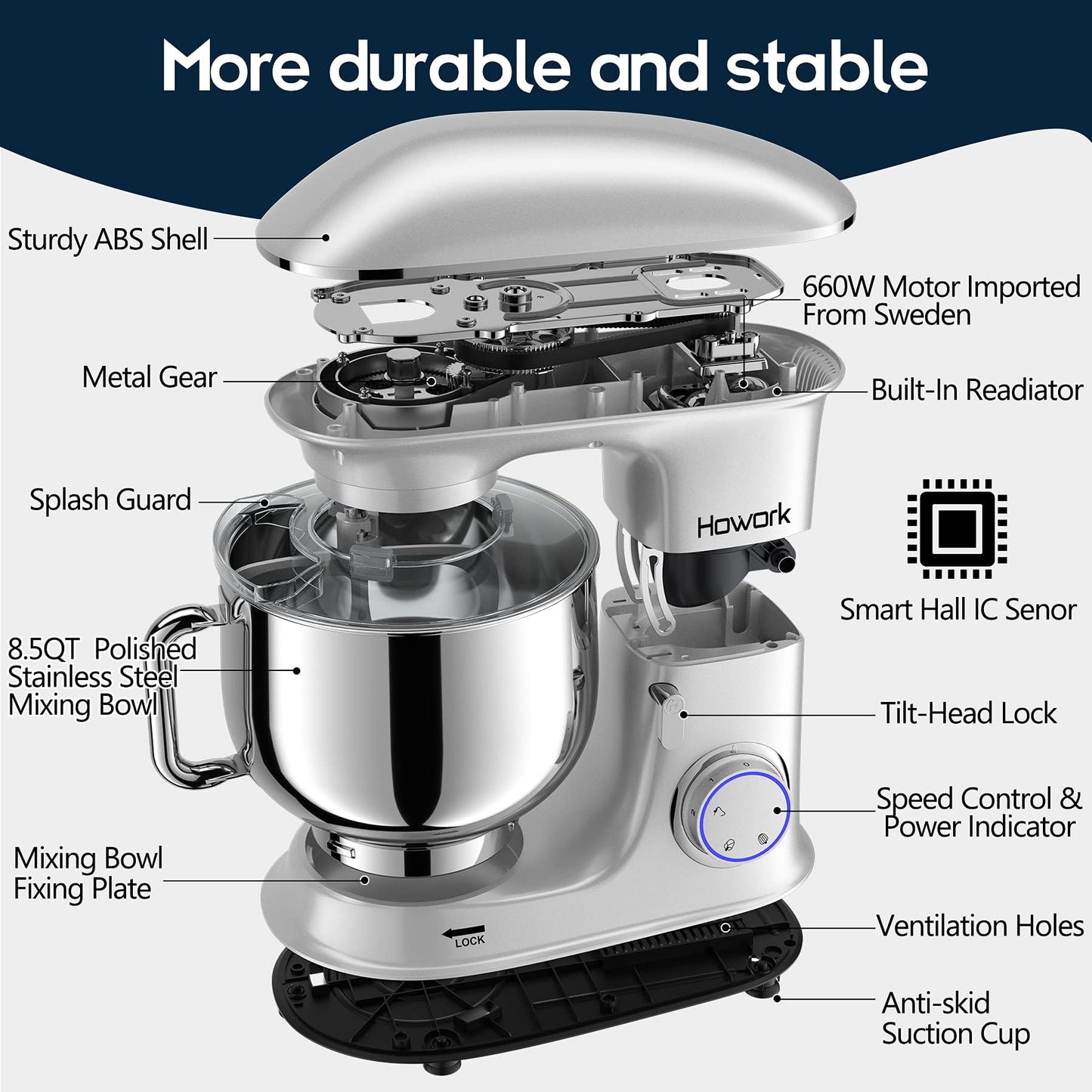 HOWORK 8.5QT Stand Mixer, 660W 6+P Speed Tilt-Head, Electric Kitchen Mixer With Dishwasher-Safe Dough Hook, Beater, Wire Whip & Pouring Shield(8.5 QT, Silver)