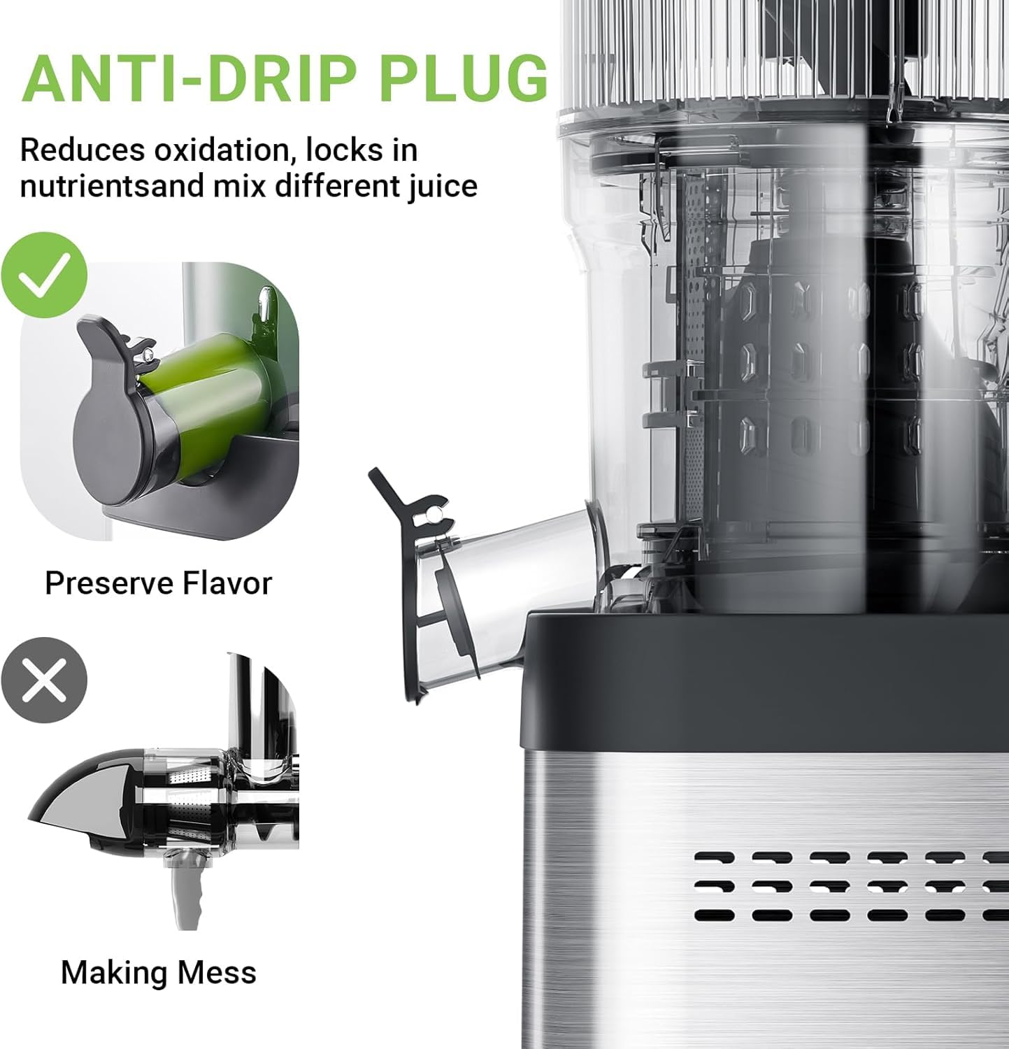 AMZCHEF Cold Press Juicer, Juicer Machines - 5.2" Large Feed Chute for Whole Fruits & Vegetables, Stainless Steel Slow Masticating Juicer Easy to Clean, Large Auger, Triple Strainers, Silver