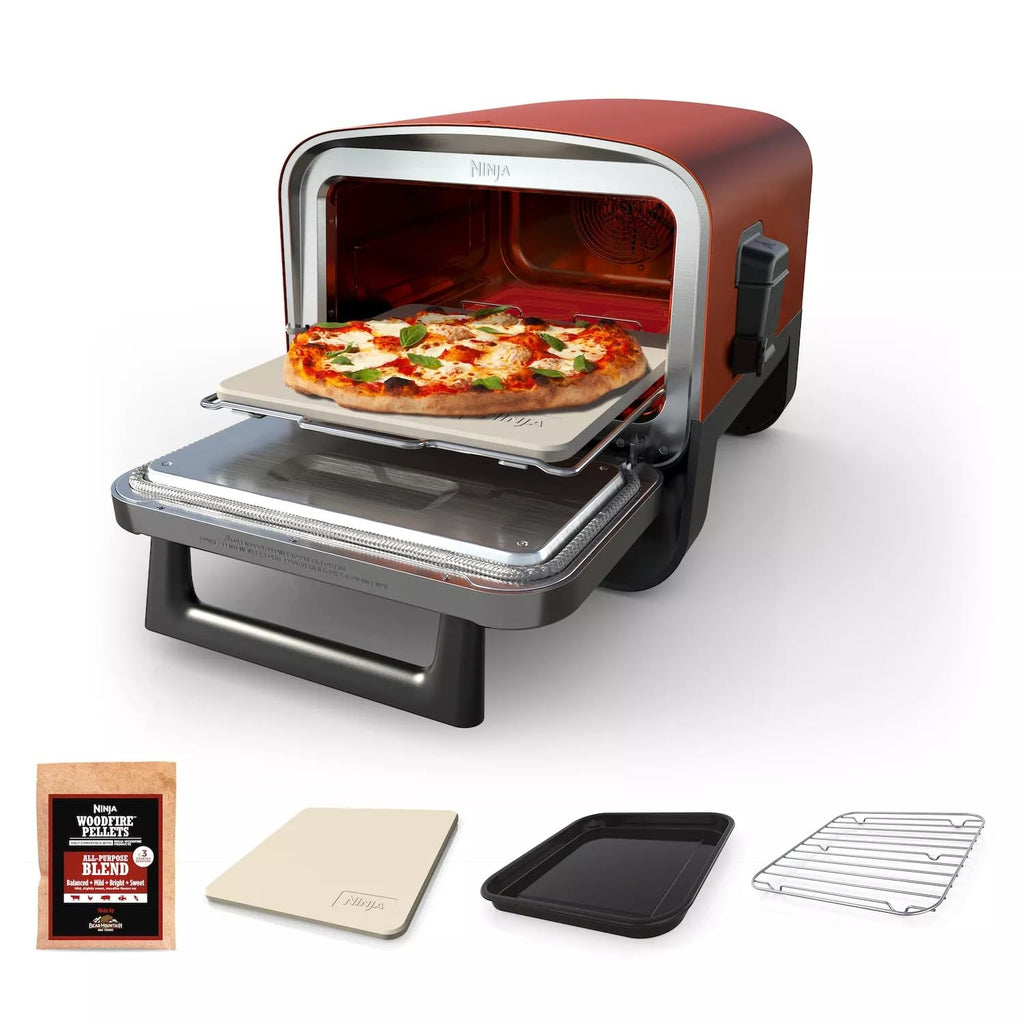 Ninja Woodfire Outdoor Pizza Oven, 8 w 1 przenośny elektryczny piec do pieczenia, nagrzewa się do 700°F, 5 ustawień pizzy Artisan, zintegrowana skrzynia do wędzenia BBQ, zawiera aromatyzowane peletki drzewne, czerwony (odnowiony)