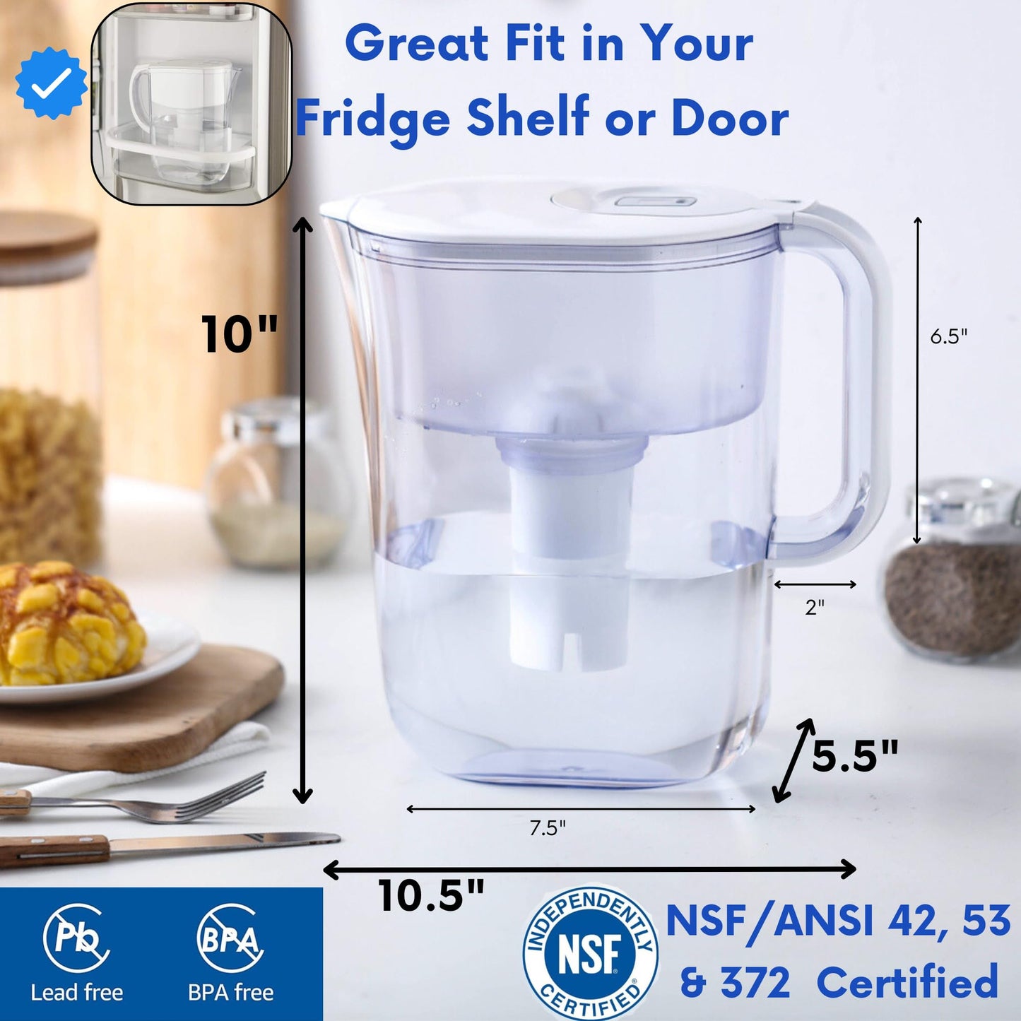 10-Cup Water Filter Pitcher with 5 Water Filters & Electronic Filter Change Reminder - Compatible Brita Water Pitcher Brita Filter Replacement - Compatible Brita Filter Pitcher