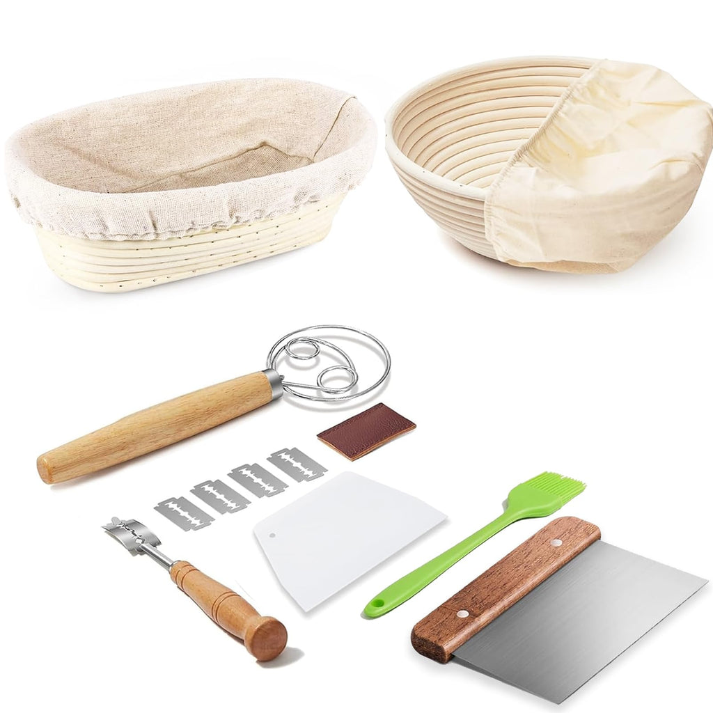 Banneton Bread Proofing Basket Banneton Basket Set Sourdough Proofing Basket Round Proofing Bowls Handmade Rattan Baskets and Liners (Round 9 inch set of 2)