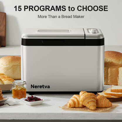 Neretva Bread Maker, 3.3LB Larger Bread Machine 15-in-1 Stainless Steel & Nonstick Ceramic Pan & Auto Nut Dispenser Breadmaker Machines Full Touch Panel with Gluten Free White Wheat Rye French Pizza