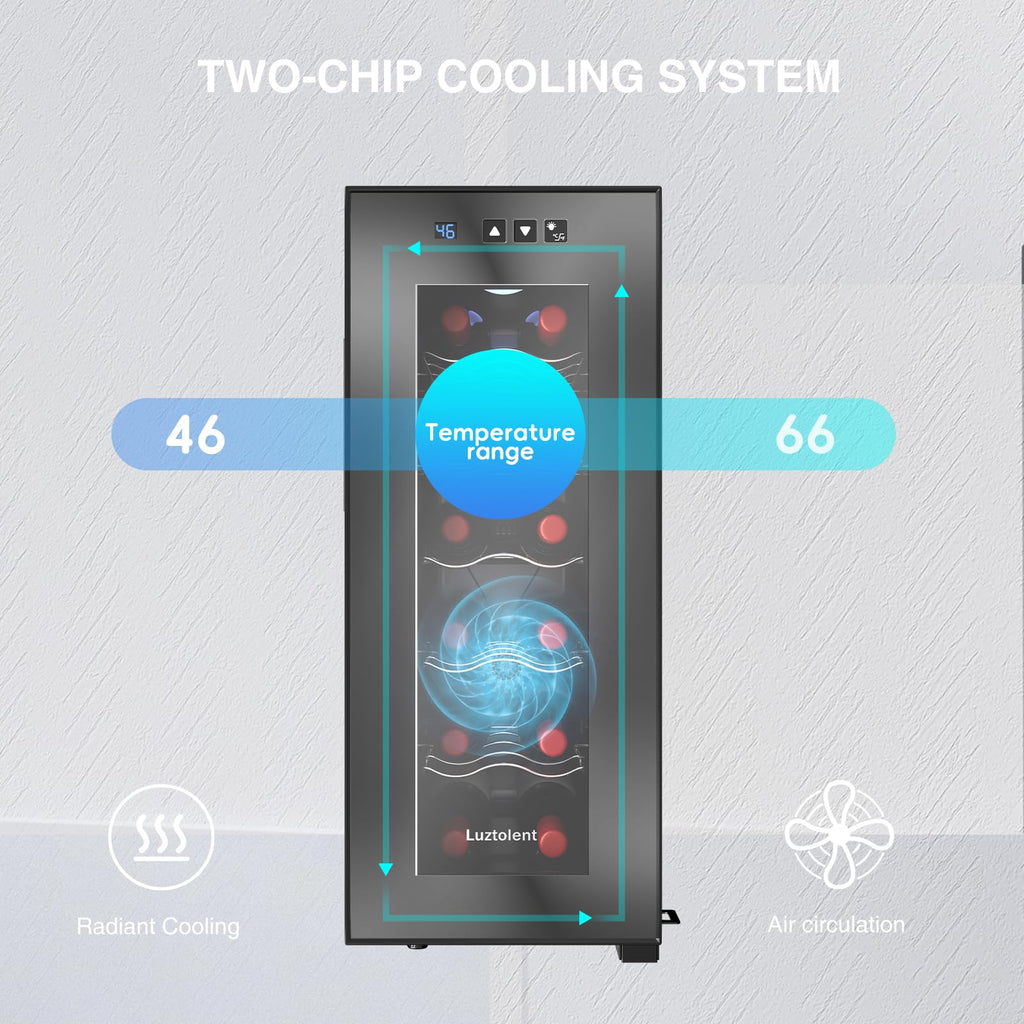 Luztolent 12 Bottles Wine Fridge, Wine Cooler Refrigerator, 46-66℉ Digital Temperature Control & Double-chip Cooling System, 38dB Low Noise, Small Fridge for Kitchen, Condo, RV