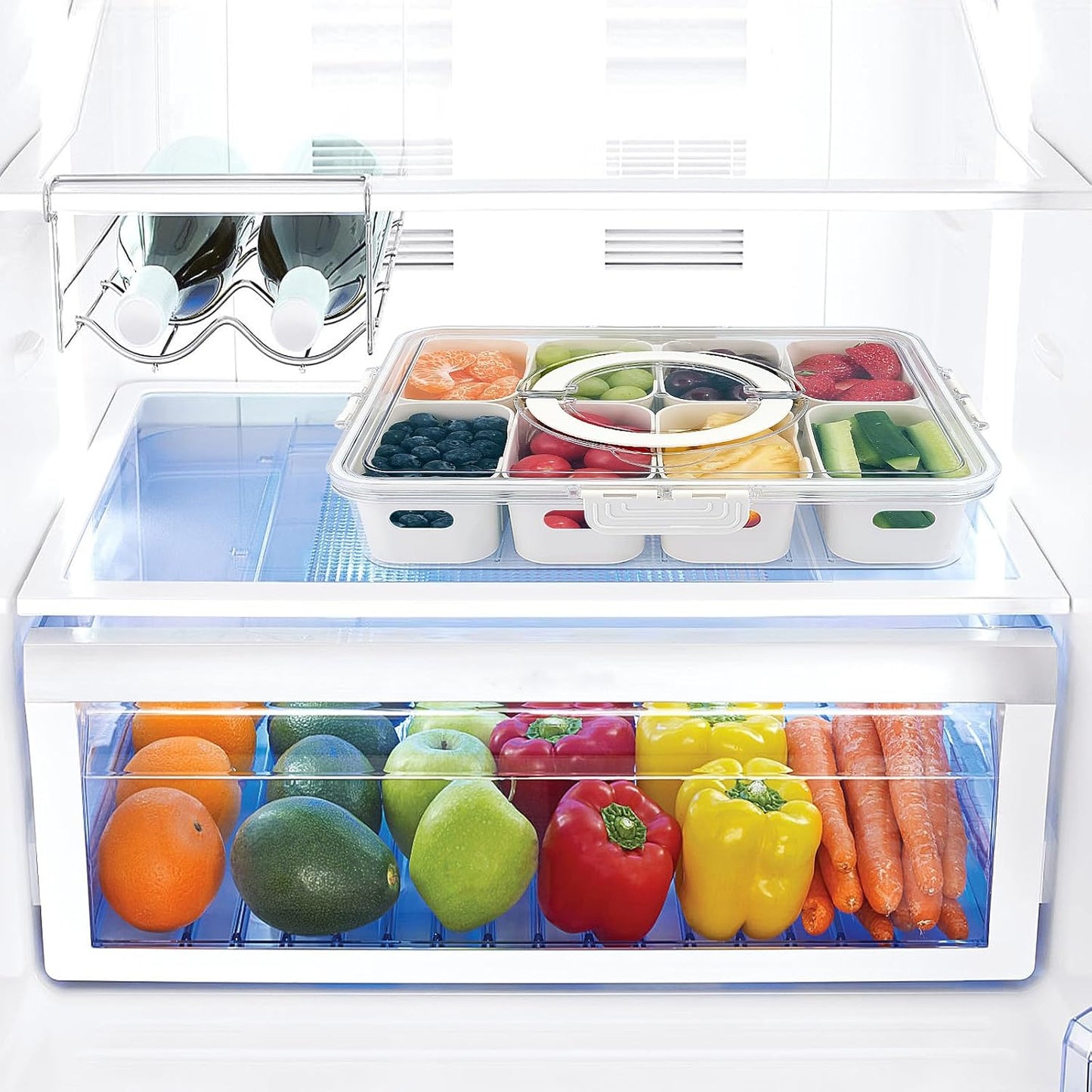 Snackle Box Container, 8 Compartments Divided Serving Tray with Lid and Handle, Portable Snack Box Containers for Veggie Tray Charcuterie Boxes Fruit Storage Candy Organizer (8 Compartments)