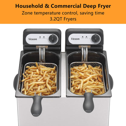 3000W Commercial Electric Deep Fryer With Baskets & Lids,2x3L Stainless Steel Double Deep Fryer,Small Deep Fryer With Basket,Temperature Control,Overheat Protection