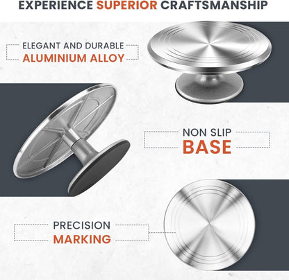 RFAQK 50PCs Cake Decorating Supplies Kit with 12" Aluminum Rotating Cake Turntable Stand, Professional Leveler, Straight & Offset Spatulas, 12 Numbered Icing Tips & Bags