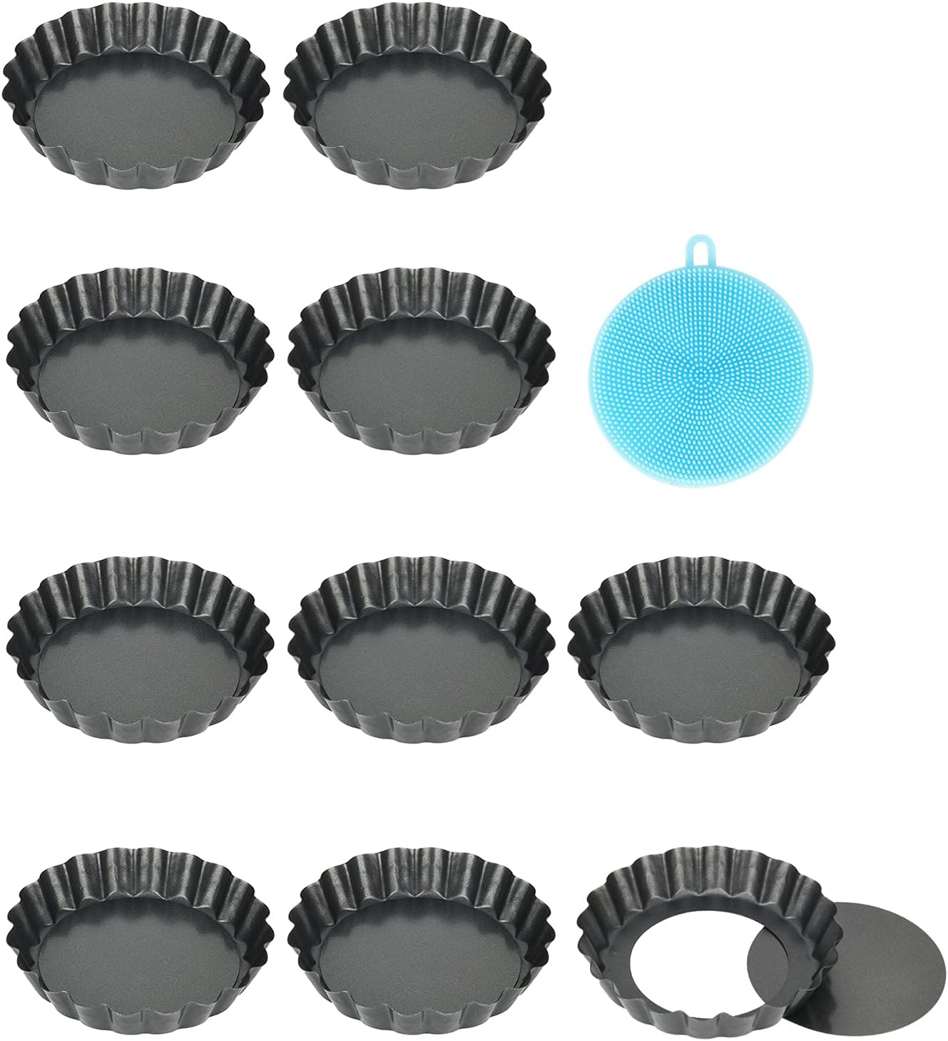 Mini Tart Pans with Removable Bottom 4 inch Set of 10, Non-stick Round Quiche Pan Heavy Duty Carbon Steel for Mousse Cakes, Christmas Dessert Baking with Silicone Scrubber