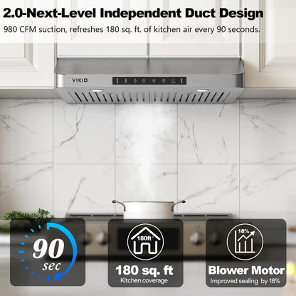 VIKIO HOME Range Hood 30 inch Under Cabinet,Kitchen Hood with 980CFM,3Speed Gesture Sensing&Touch Control Panel,Stainless Steel Kitchen Vent