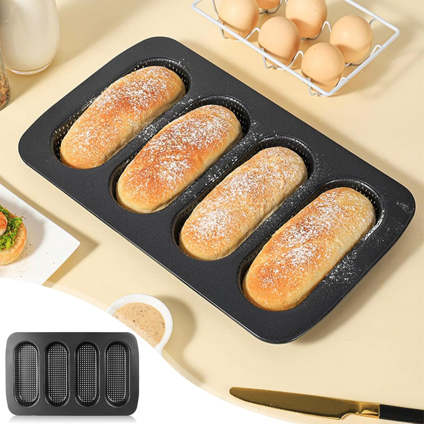 Mini Baguette Tray, Perforated French Stick Loaf Baking Molds Pan, Non-Stick Hot Dog Bun Baking Tray, Mini Sandwich Mold, for Crispy Loaves & Rolls, 13.6 x 8.4 x 1.1 inch
