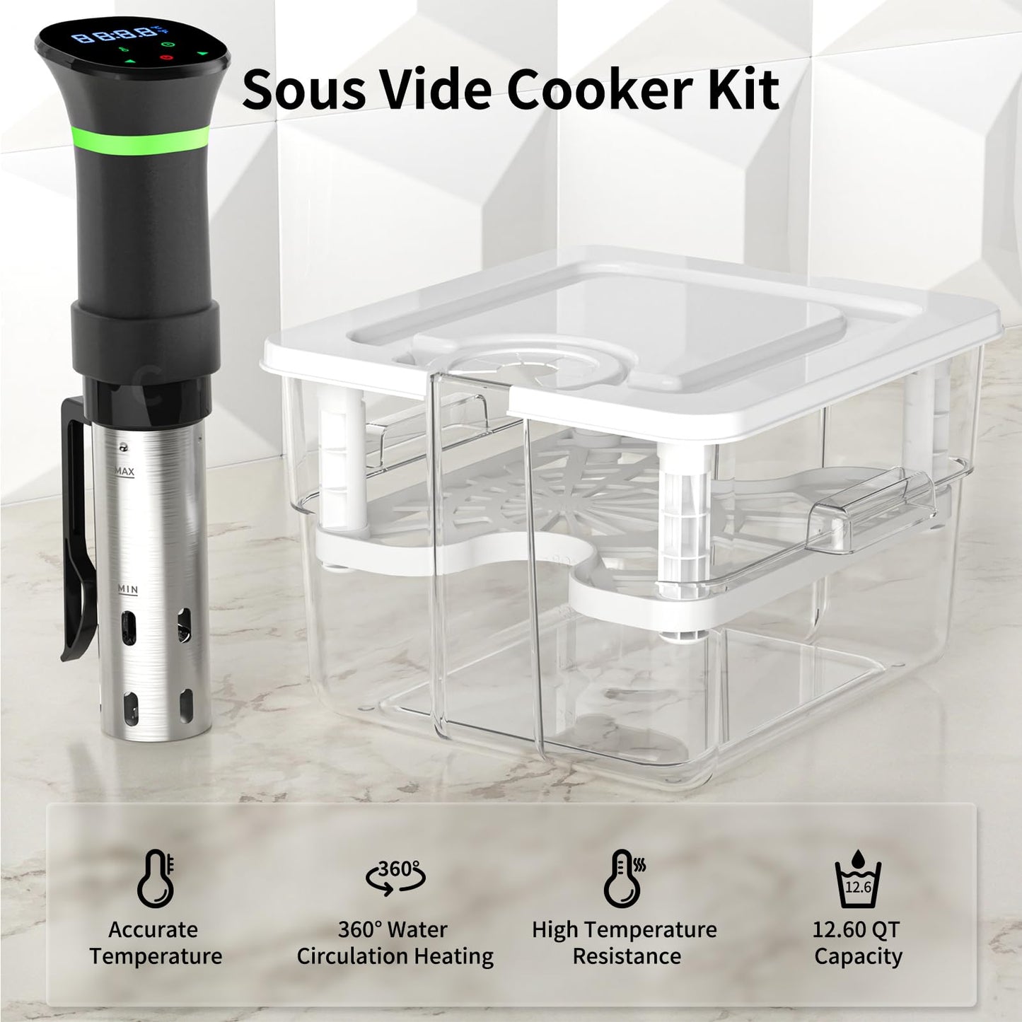 Sous Vide Machine Kit,1000W Immersion Circulators and 12.60QT Sous Vide Container with Lid and Rack, with Temperature and Time Digital Display Control