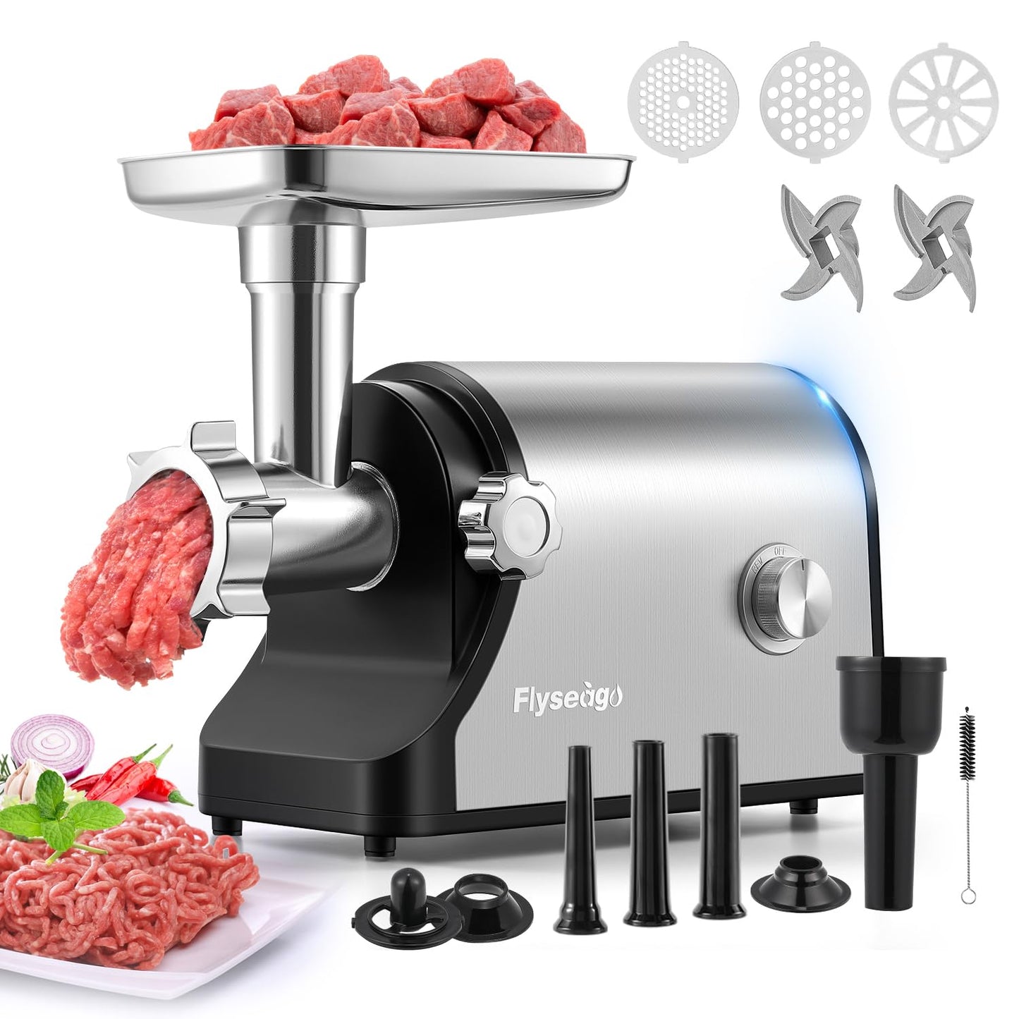 Flyseago Electric Meat Grinder 3200W Heavy Duty Commercial Meat Grinders, Sausage Stuffer, Kubbe Kit with 2 Cutting Blades, 3 Grinding Plates, 3 Sausage Tubes, Metal Gearbox Meat Grinder for Home Use