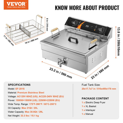 VEVOR Commercial Deep Fryer, 3000W Electric Turkey Fryer with Basket, Large Capacity 30.6Qt / 29L Countertop Single Oil Fryer, Stainless Steel, Temp Control, for Kitchen Restaurant Use, Silver