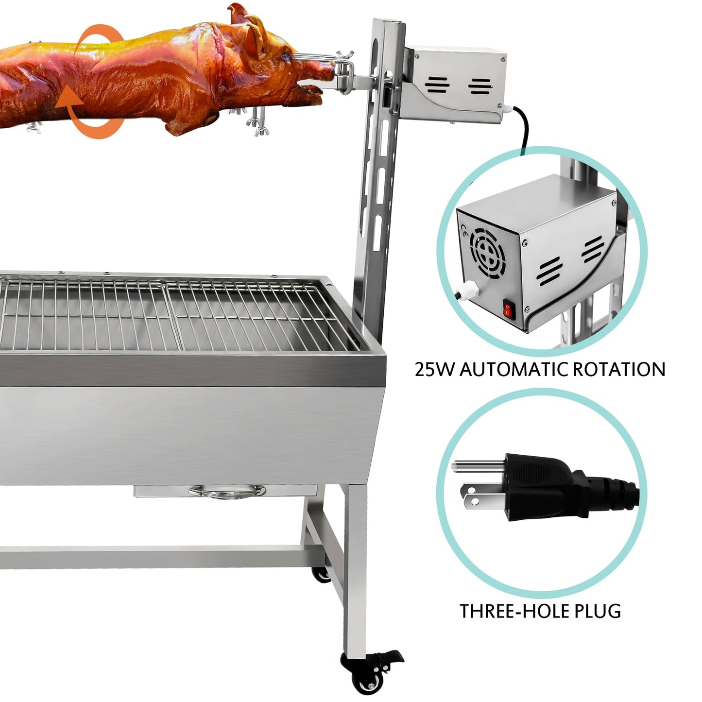 132 LBS Rotisserie Grill Stainless Steel Charcoal Spit Roaster, 37" Pig Lamb Hooded Roaster Charcoal Spit With 25W Motor & Adjustable Height Lockable Casters For Outdoor Party Barbecue