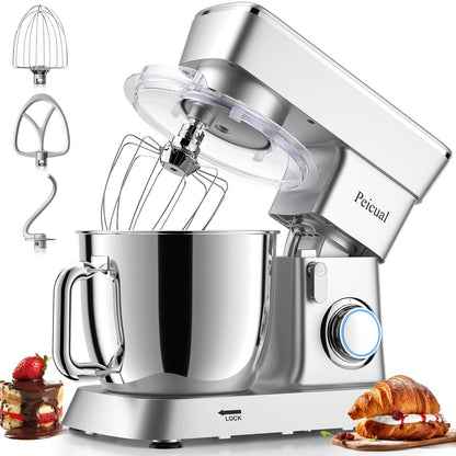 Peicual Stand Mixer, 6QT 10+P Speed Tilt-Head Kitchen Electric Mixer, Food Mixer with Stainless Steel Bowl, Dough Hook, Flat Beater, Wire Whisk, Splash Guard for Daily Use - Silver