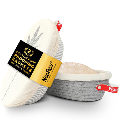 Banneton Bread Proofing Basket Set - Oval & Round Sourdough Proofing Baskets - Sourdough Proofing Bowls Bread Baking Supplies With Liner & Cloth Cover - Cotton Rope Banneton Basket for Baking