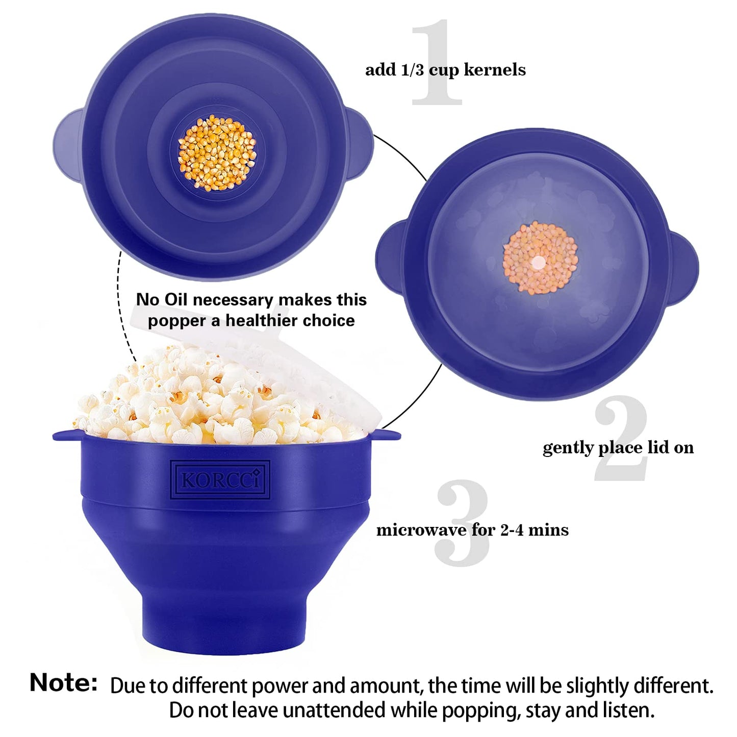 The Original Korcci Microwaveable Silicone Popcorn Popper, Microwave Popcorn Popper, Collapsible Microwave Popcorn Maker Bowl, No Oil Required, Use In Microwave, Dishwasher Safe (Blue)