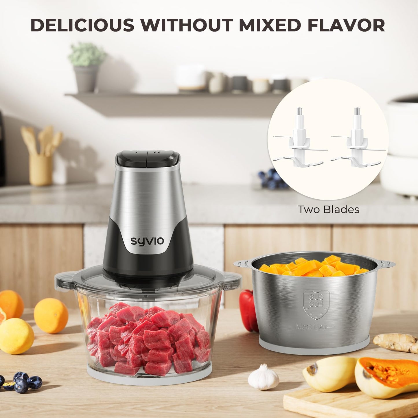 Syvio Food Processors with 2 Bowls, Meat Grinder 4 Bi-Level Blades, Mini Electric Food Chopper 450W, for Baby Food, Meat, Onion, Vegetables, 2 Speed, 8 Cup and 8 Cup