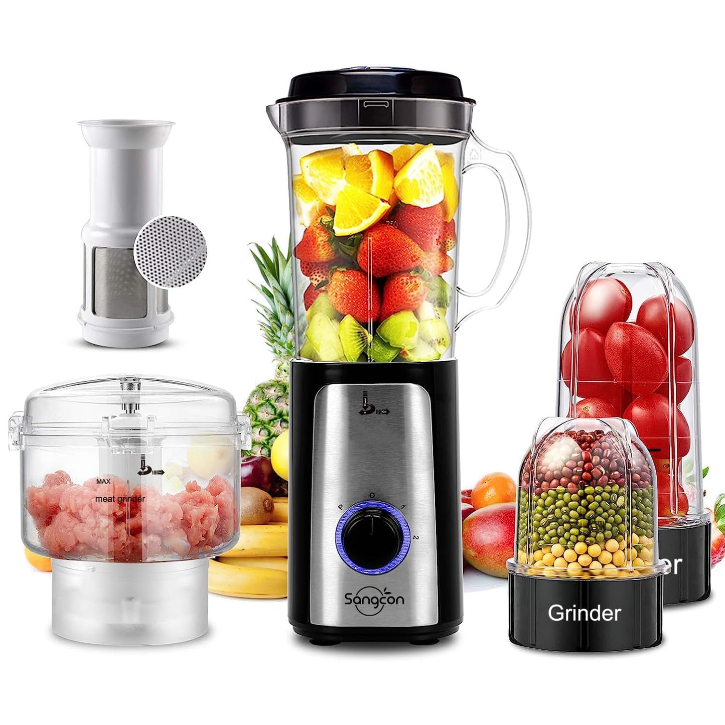 SANGCON 5 in 1 Blender and Food Processor Combo for Kitchen, Small Electric Food Chopper for Meat and Vegetable, 350W High Speed Blenders with 2 Speeds and Pulse for Smoothies and Shakes