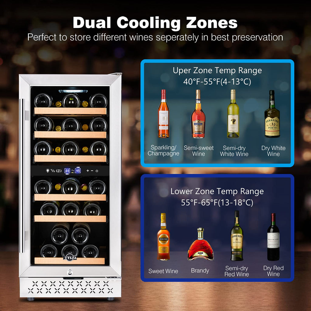 Tylza Mini Fridge 15 Inch Wine Cooler Under Counter, 30 Bottle Dual Zone Wine Fridge with Stainless Steel, Wine Refrigerator Freestanding, and Built-in Wine Cellars