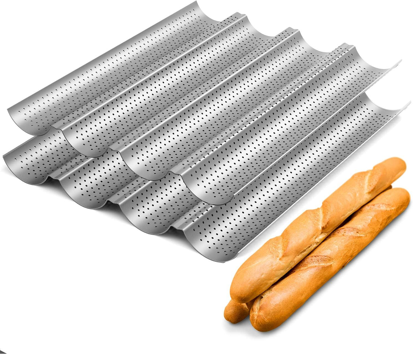 2 Pack Nonstick Perforated Baguette Pan 15" x 13" for French Bread Baking 4 Wave Loaves Loaf Bake Mold Oven Toaster Pan (Silver)