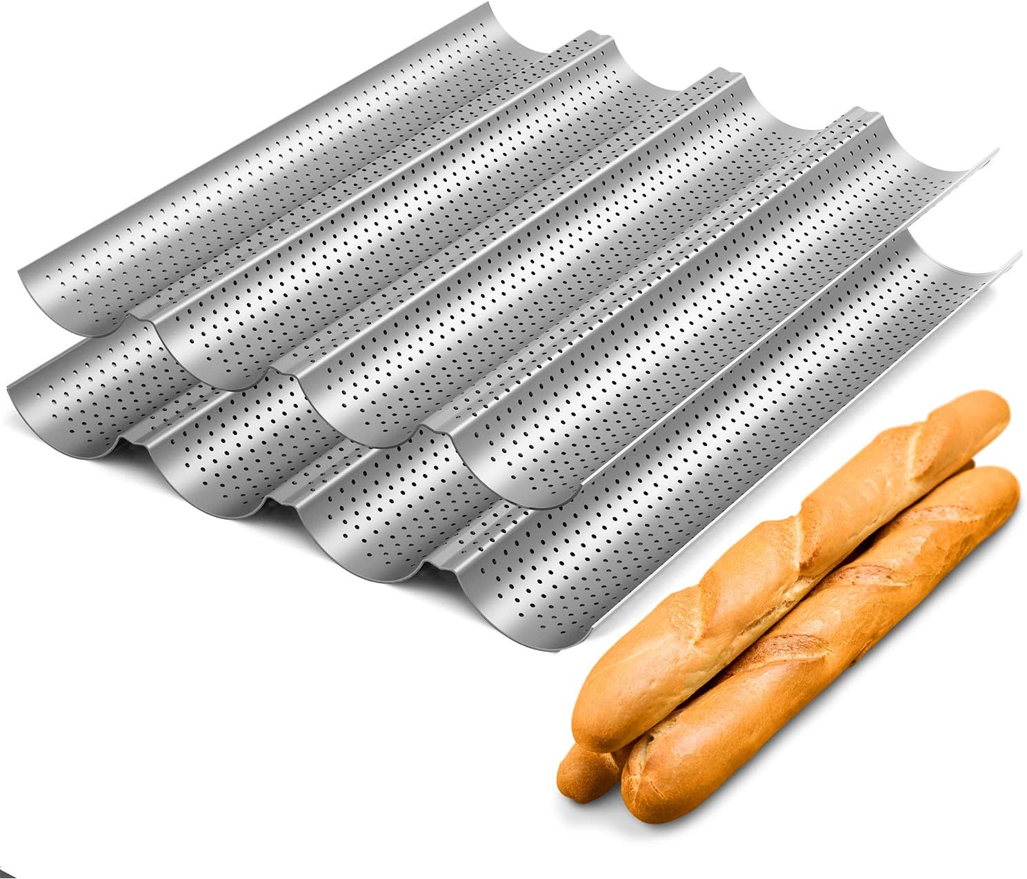 2 Pack Nonstick Perforated Baguette Pan 15" x 13" for French Bread Baking 4 Wave Loaves Loaf Bake Mold Oven Toaster Pan (Silver)