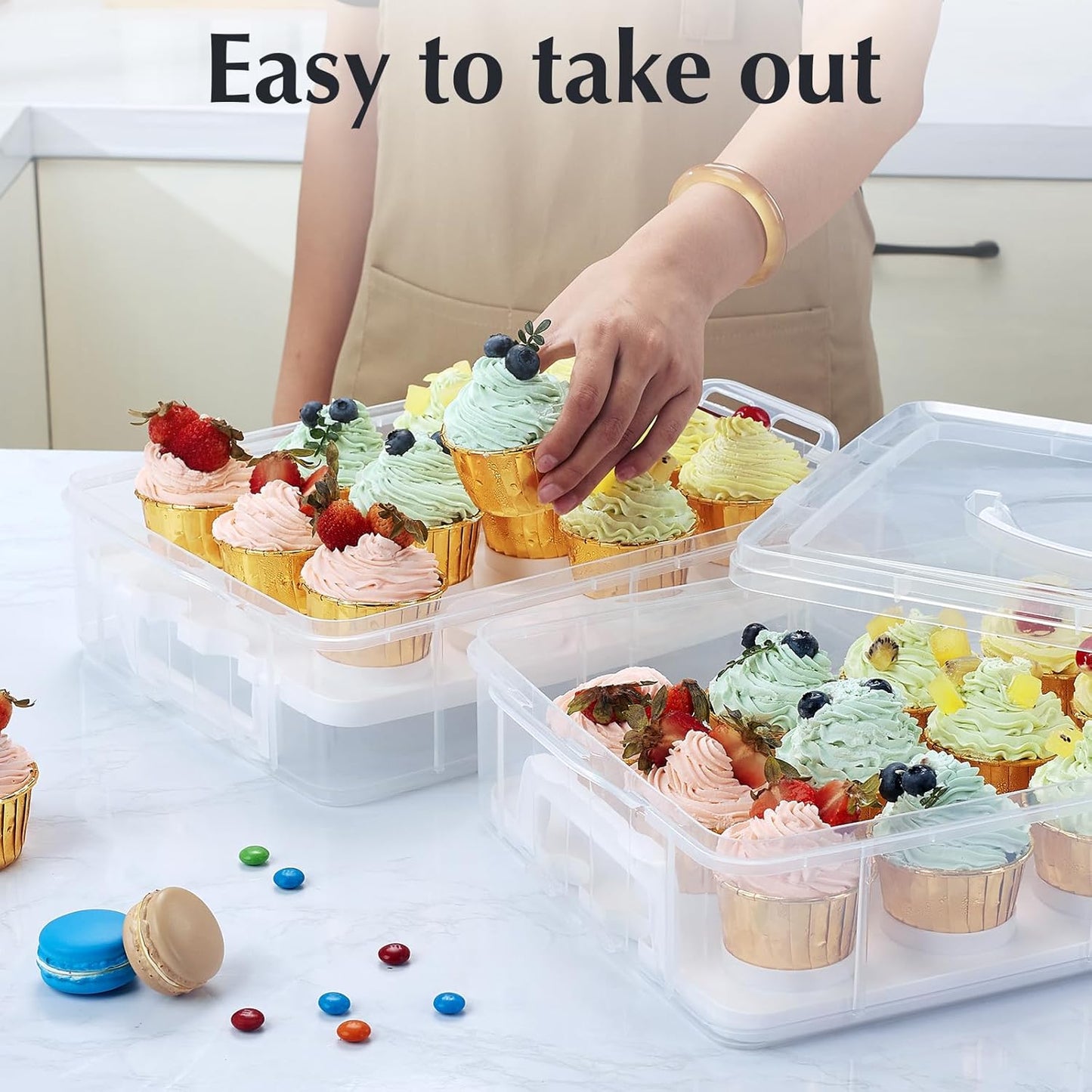 Plastic Cupcake Carrier 24 Count, 2-Layer Cupcake Holder Carries with Lid & Handles, Cookie, Cake, Cupcake and Brownie Storage Carrier, Reusable Cupcake Box