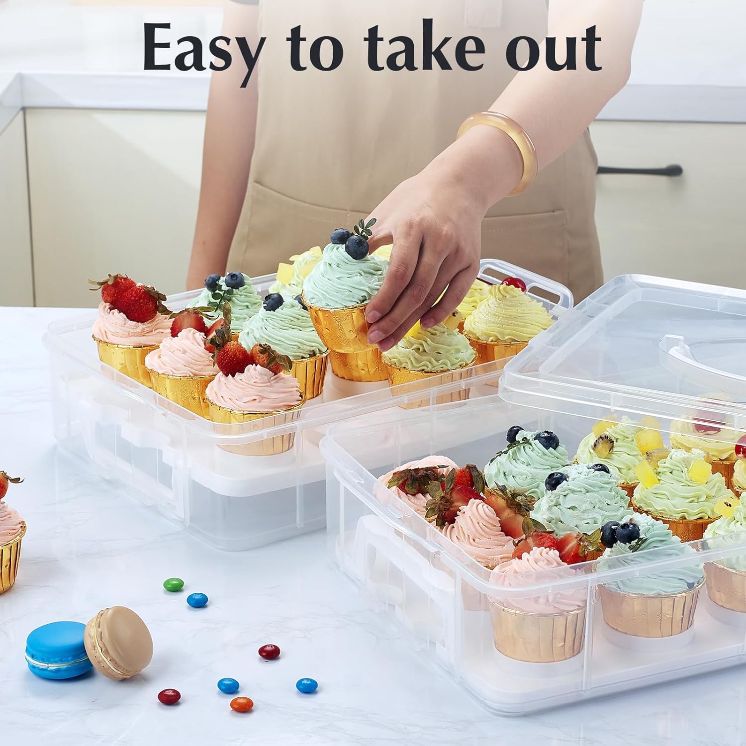 Plastic Cupcake Carrier 24 Count, 2-Layer Cupcake Holder Carries with Lid & Handles, Cookie, Cake, Cupcake and Brownie Storage Carrier, Reusable Cupcake Box