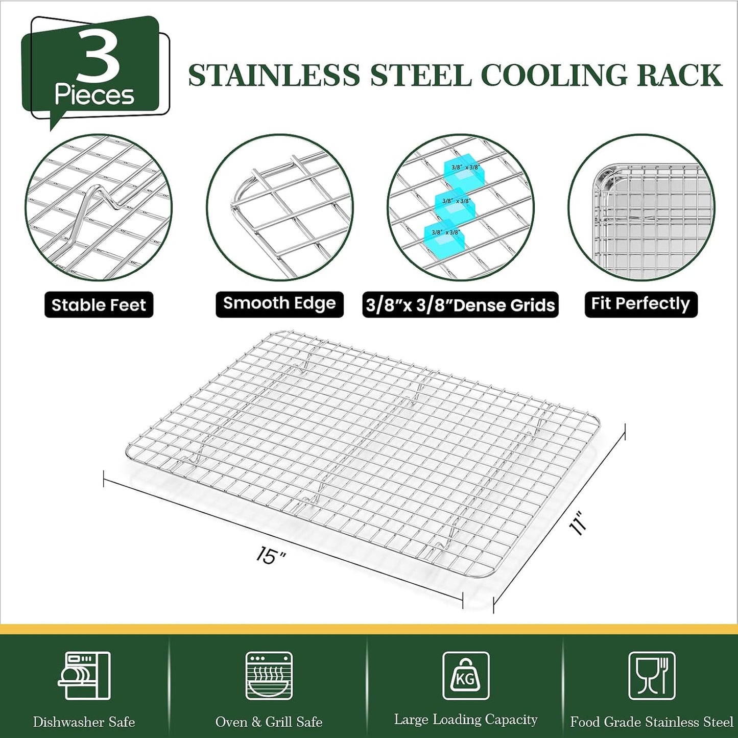 Baking Sheet Cookie Pans Set with Cooling Rack Cookie Sheets for Baking Stainless Steel Pan for Baking Bakeware Sets 3PCS Cooling Racks for Cooking and Baking for Bacon Pizza Pan 9/12/16 Inch