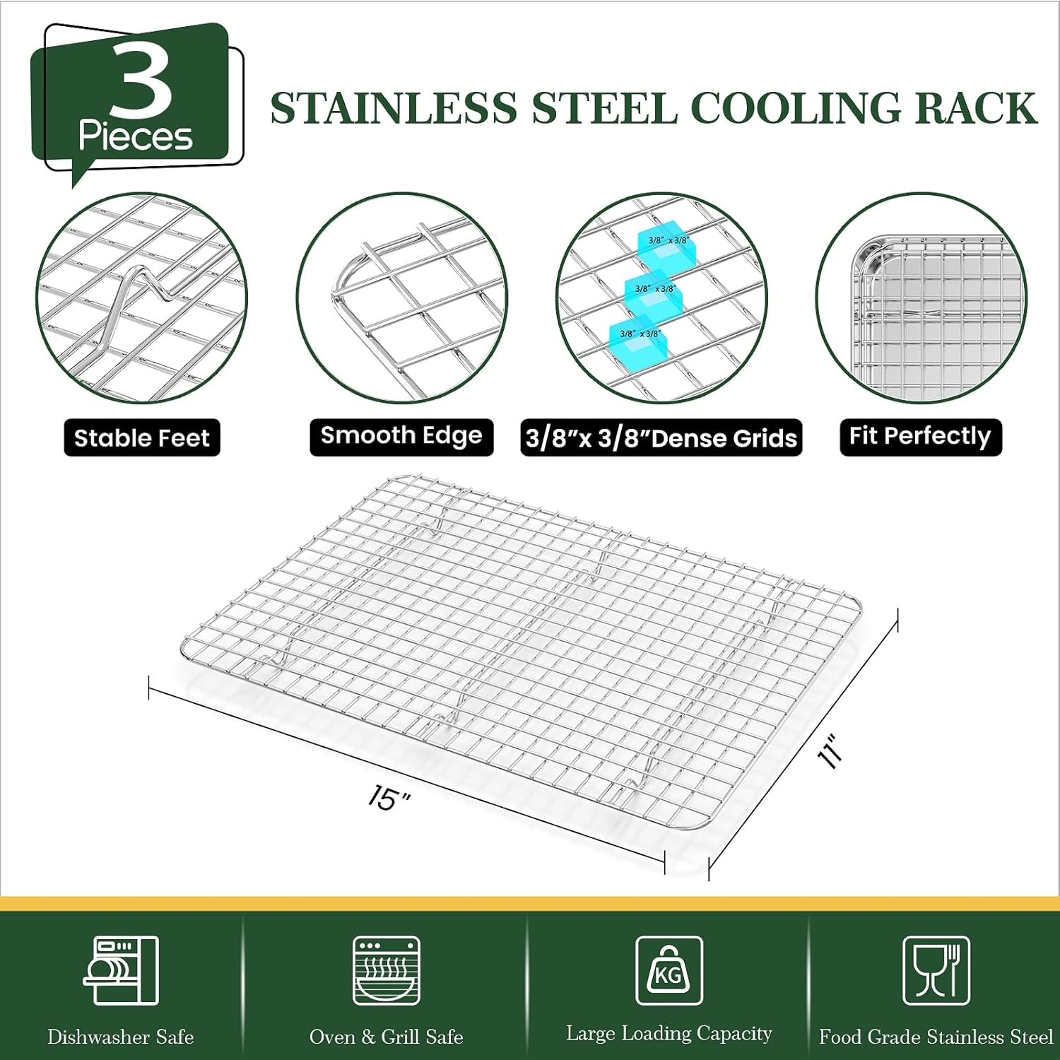 Baking Sheet Cookie Pans Set with Cooling Rack Cookie Sheets for Baking Stainless Steel Pan for Baking Bakeware Sets 3PCS Cooling Racks for Cooking and Baking for Bacon Pizza Pan 9/12/16 Inch
