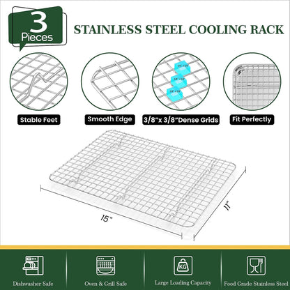 Baking Sheet Cookie Pans Set with Cooling Rack Cookie Sheets for Baking Stainless Steel Pan for Baking Bakeware Sets 3PCS Cooling Racks for Cooking and Baking for Bacon Pizza Pan 9/12/16 Inch