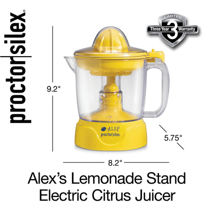 Proctor Silex Alex's Lemonade Stand Electric Citrus Juicer Machine and Squeezer, for Lemons, Limes and Oranges, 34 oz, Includes 2 Reamers & Recipe Book, Yellow (66341)